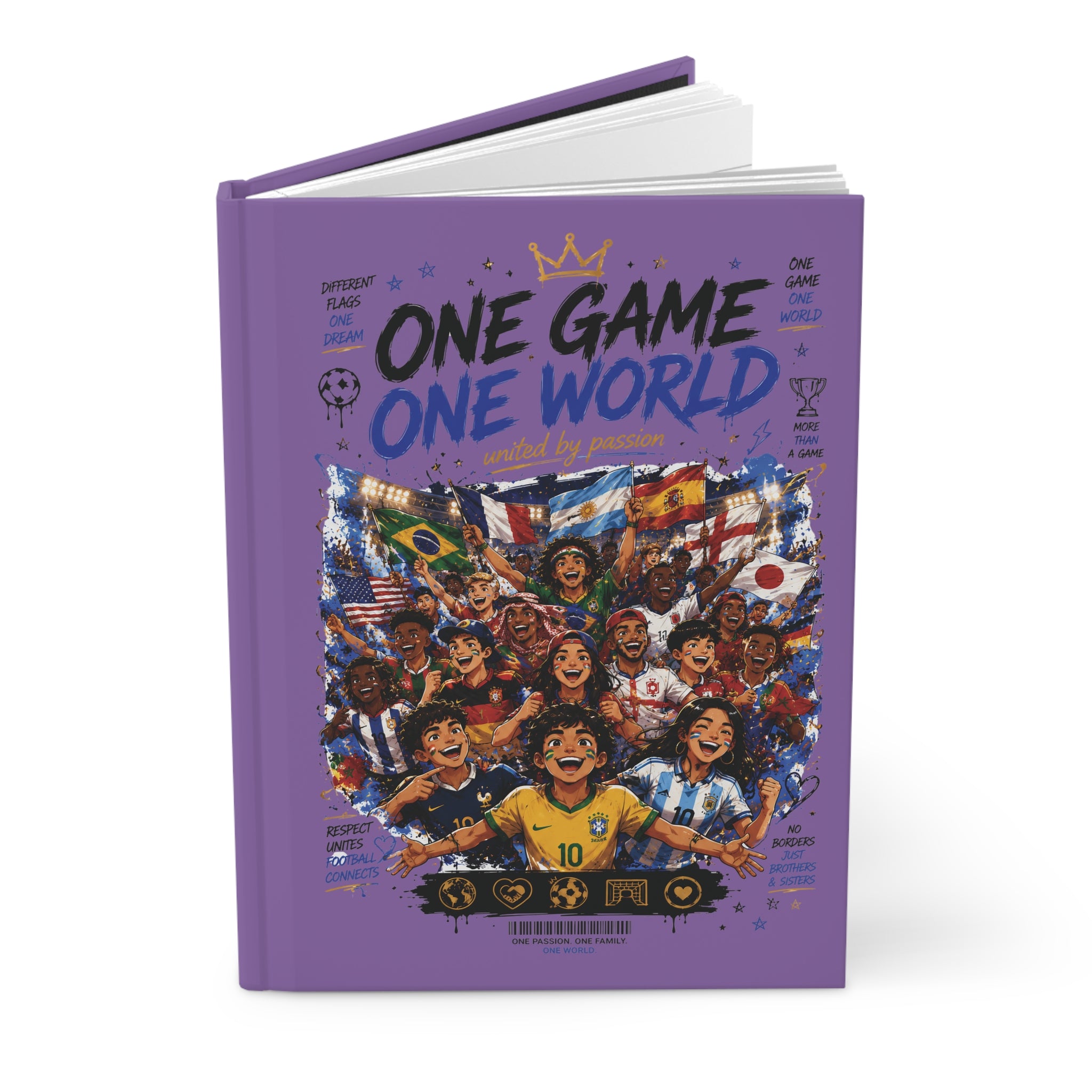 One Game One World Hardcover Journal — Soccer Fan Notebook with Customizable Name & Number