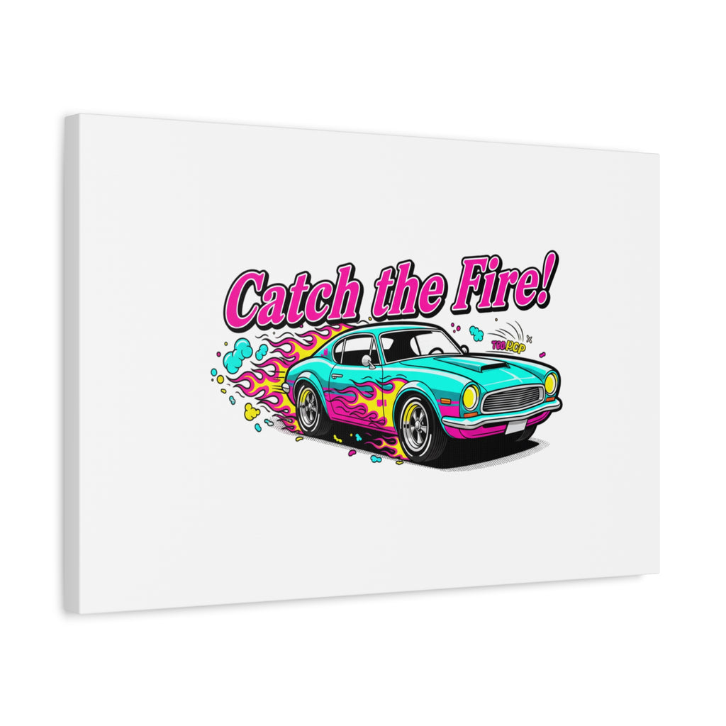 Catch the Fire Retro Car Canvas | Cartoon Racing Flame, Vintage Car Illustration