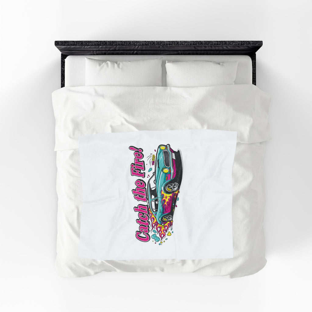 Catch the Fire Retro Cartoon Car Velveteen Plush Blanket | racing flame, vintage car illustration