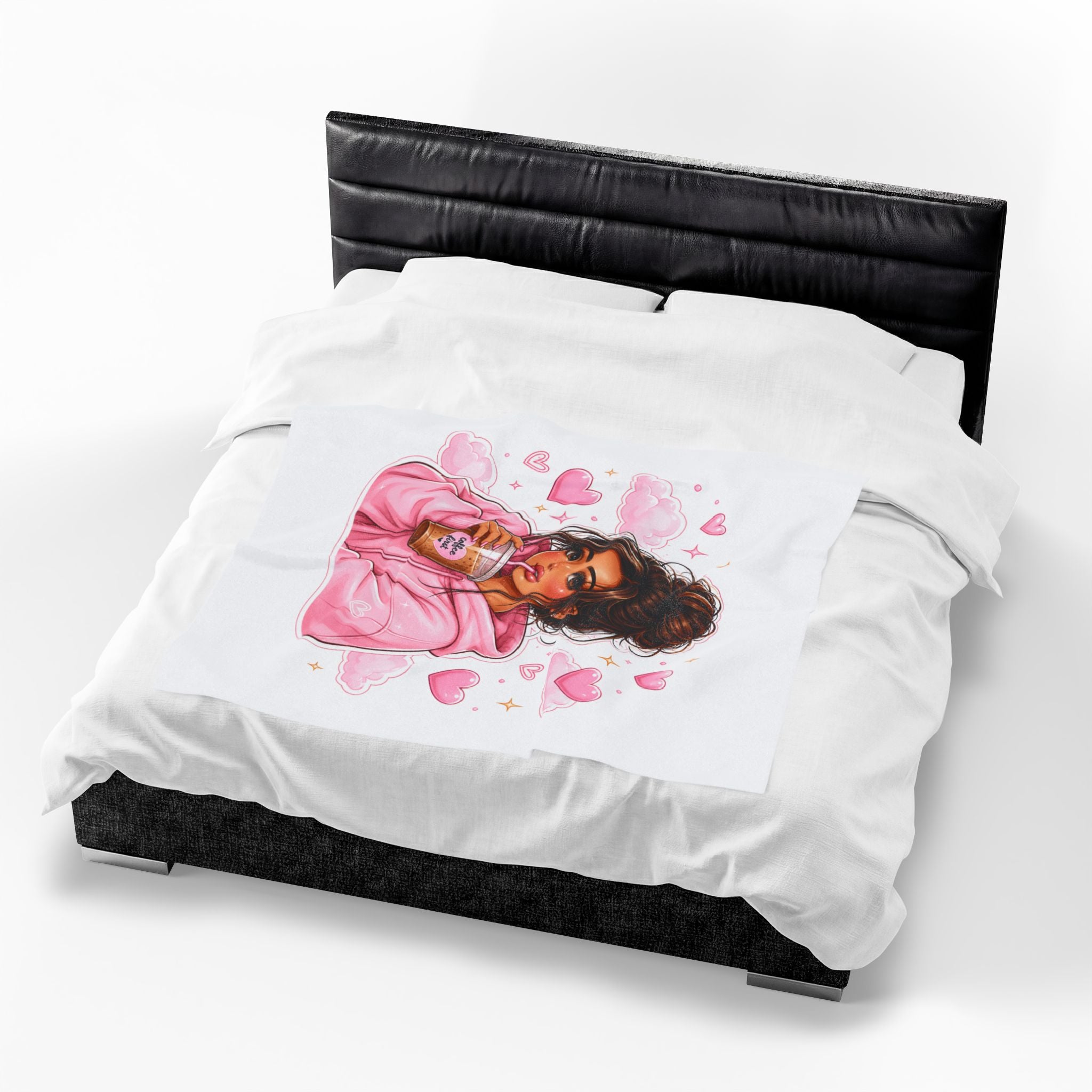 Velveteen Plush Blanket — Cozy Pink Hoodie Girl with Coffee Illustration