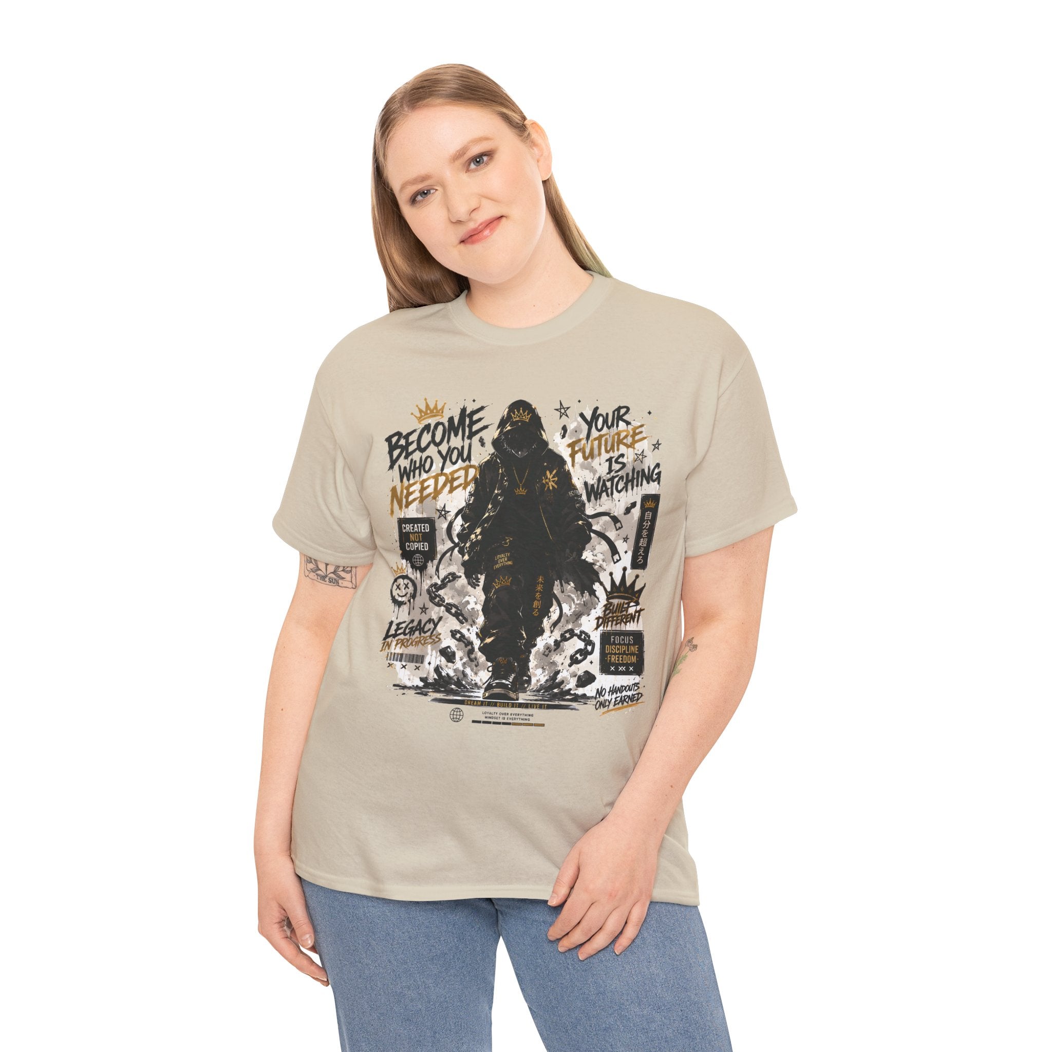 Motivational Soldier Graphic Tee – "Become Who You Needed" Inspirational Military Design
