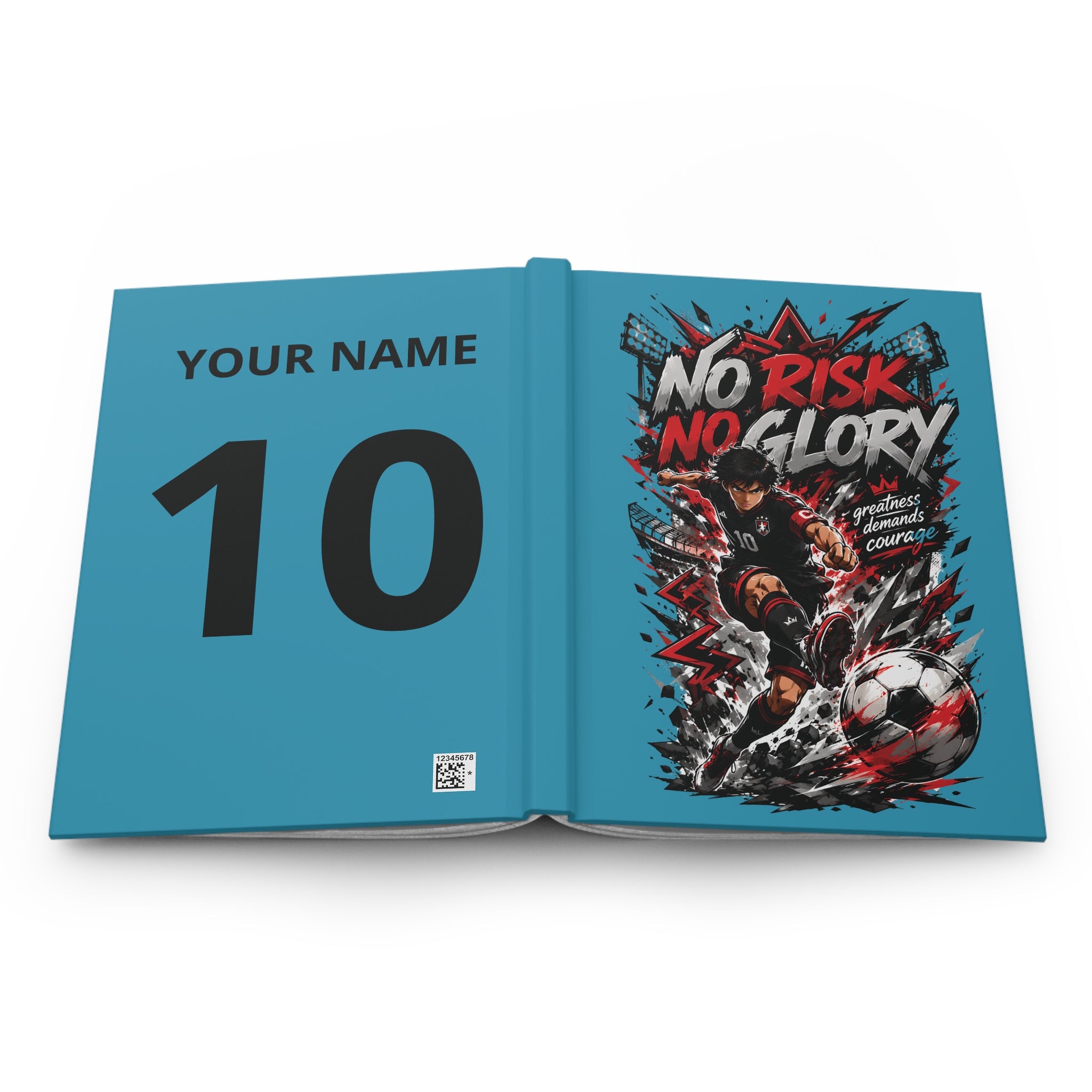 No Risk No Glory Soccer Journal — Personalized Hardcover Notebook (Add Name & Number)