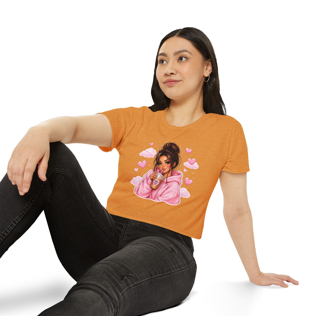 Women's Crop Top — Cute Pink Hoodie Girl Drinking Boba Illustration