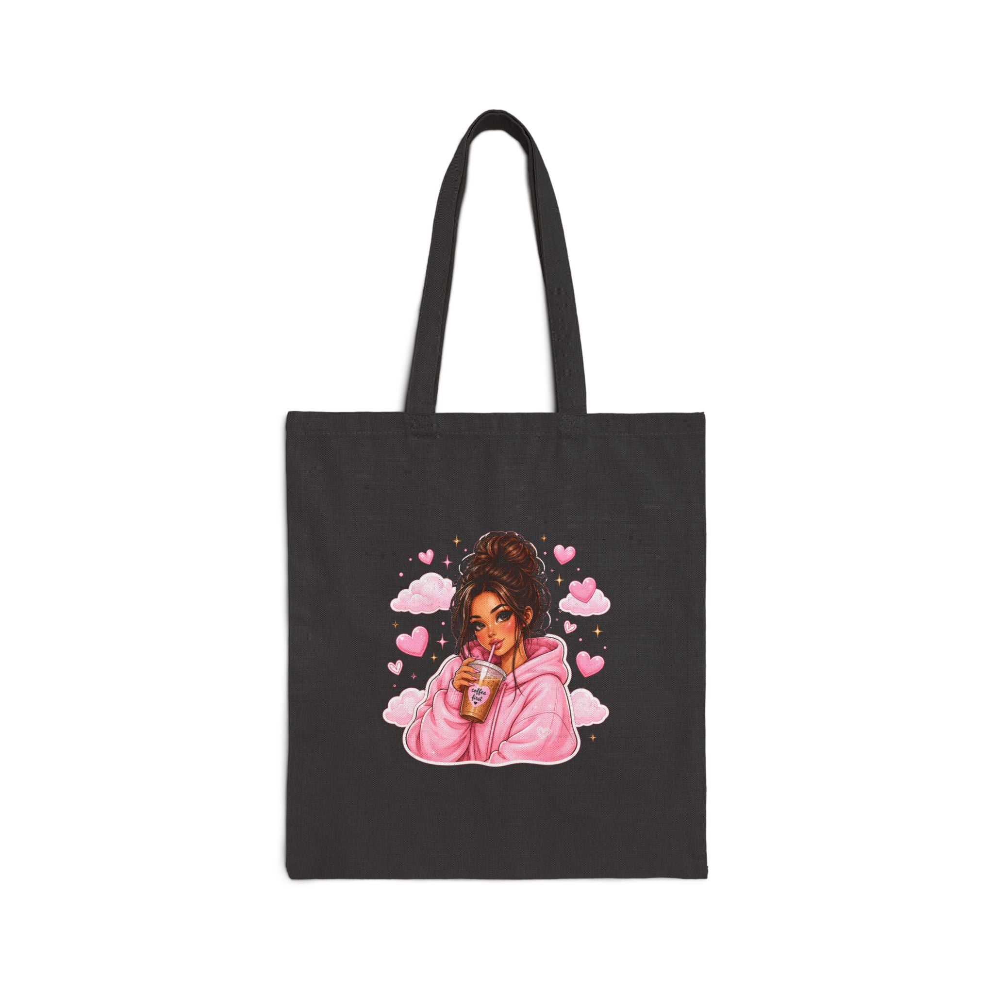 Cute Girl with Coffee Canvas Tote Bag - Pink Hoodie Illustration