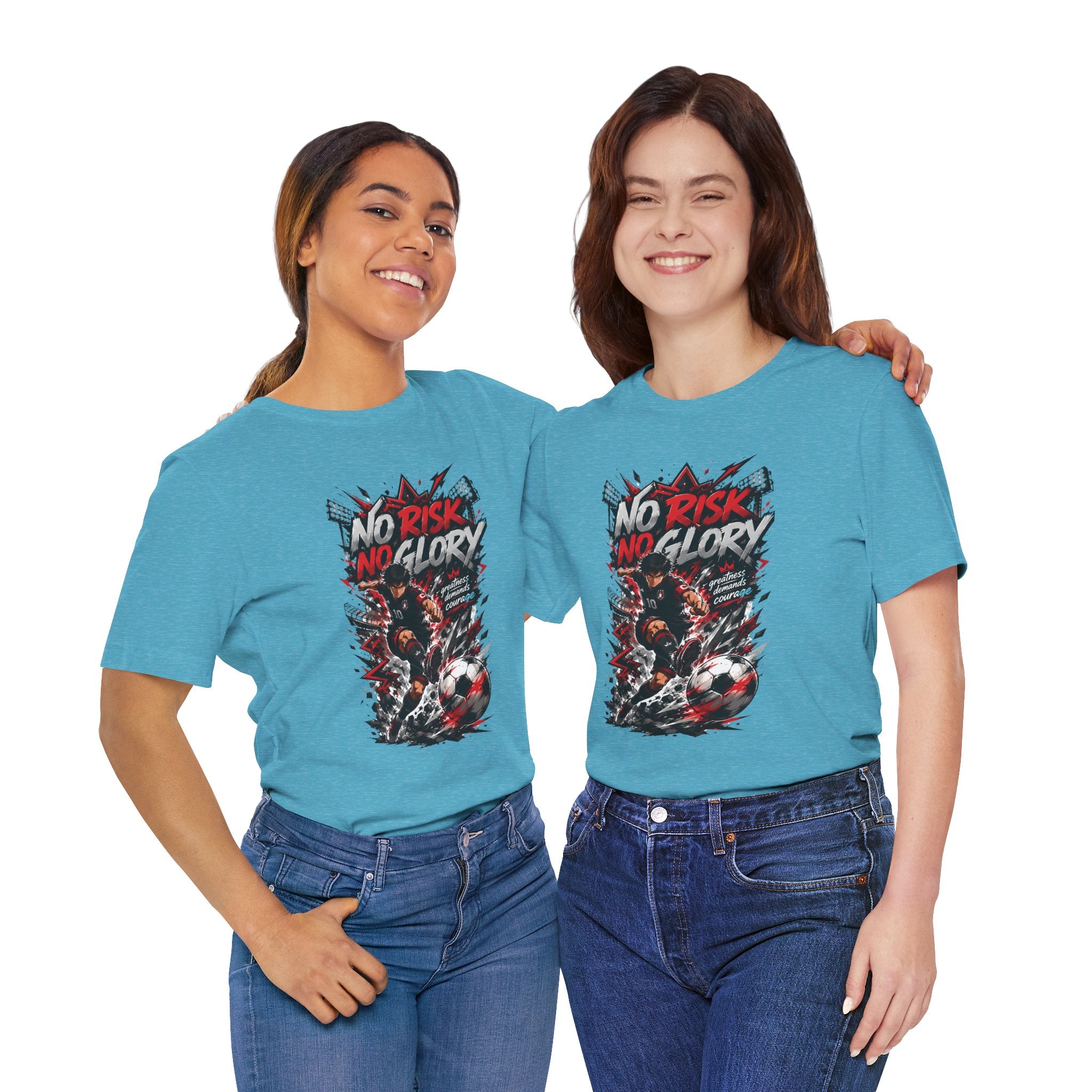 No Risk No Glory Soccer T-Shirt — Dynamic Football Player Graphic Tee