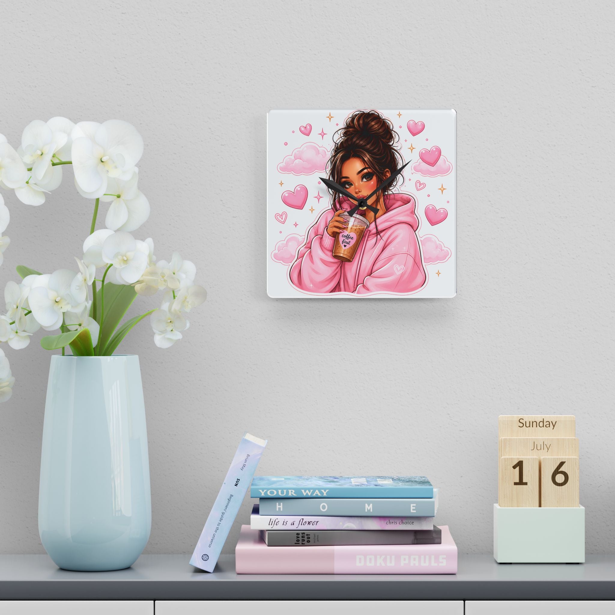Pink Cozy Girl Acrylic Wall Clock — Cute Coffee Hoodie Decor