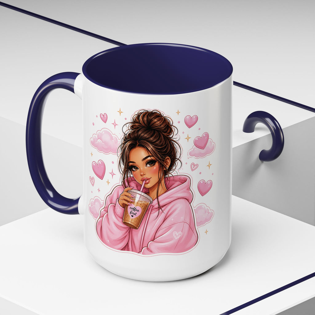 Cute Girl Pink Hoodie Coffee Mug — Iced Coffee Aesthetic Accent Mug (11/15oz)