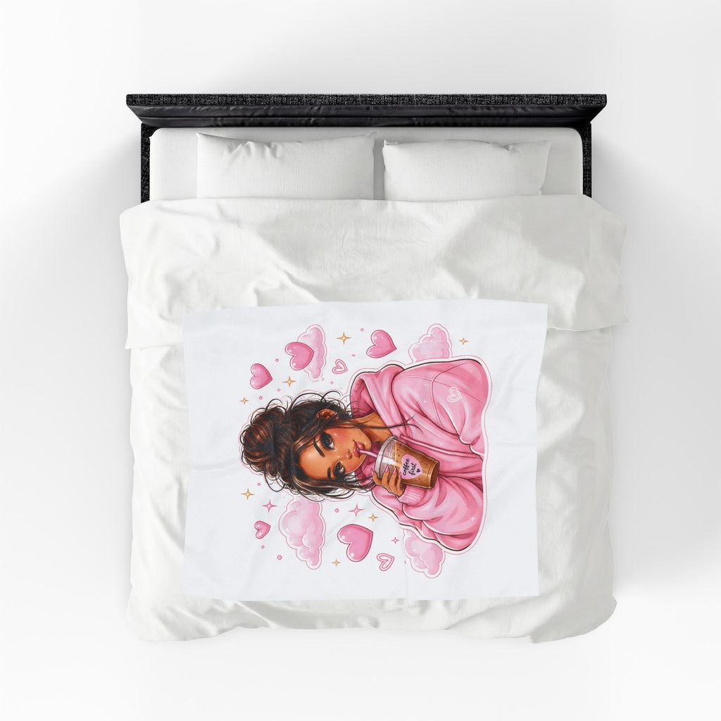 Velveteen Plush Blanket — Cozy Pink Hoodie Girl with Coffee Illustration
