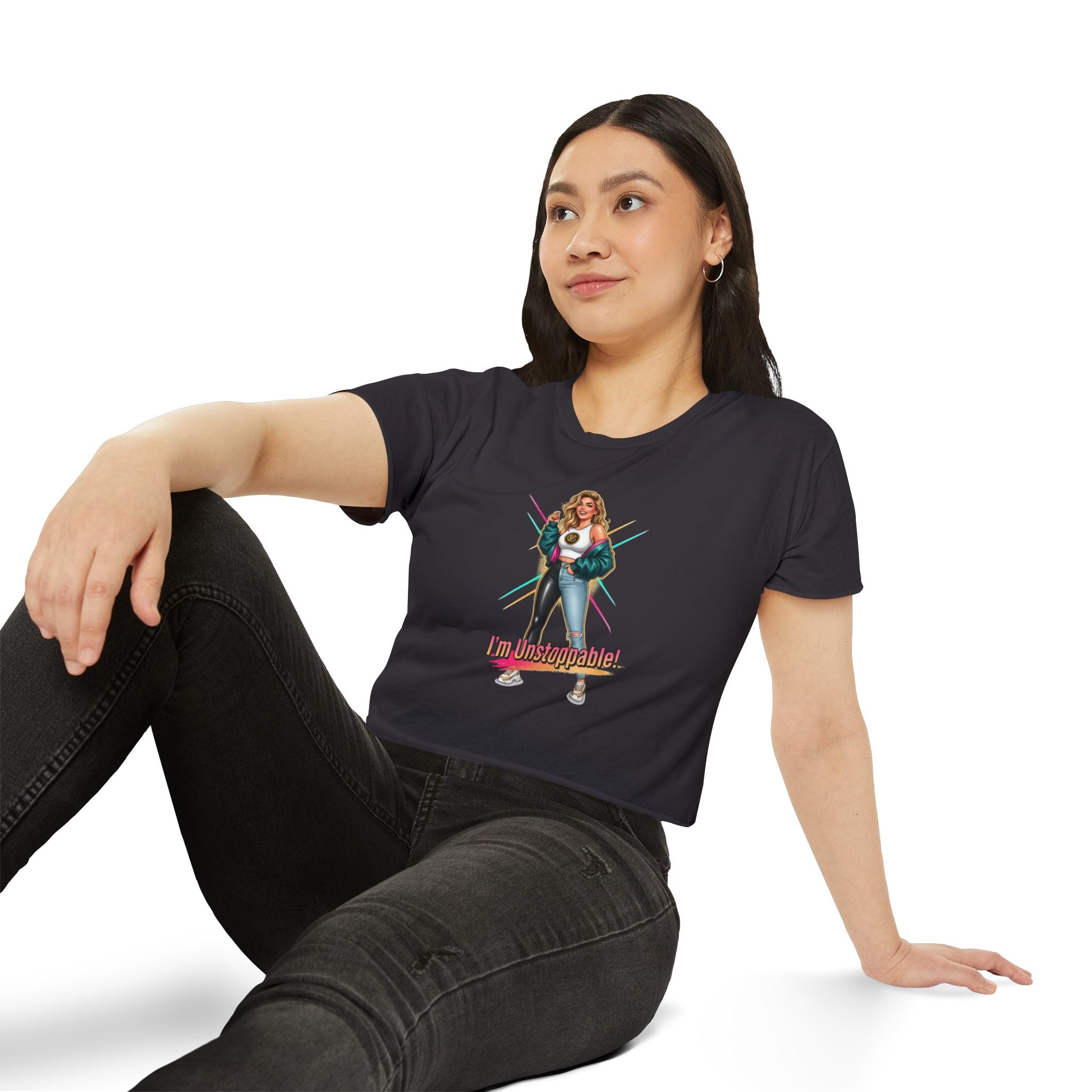 Women’s Festival Crop Top — “I’m Unstoppable!” Retro 80s Empowerment Tee