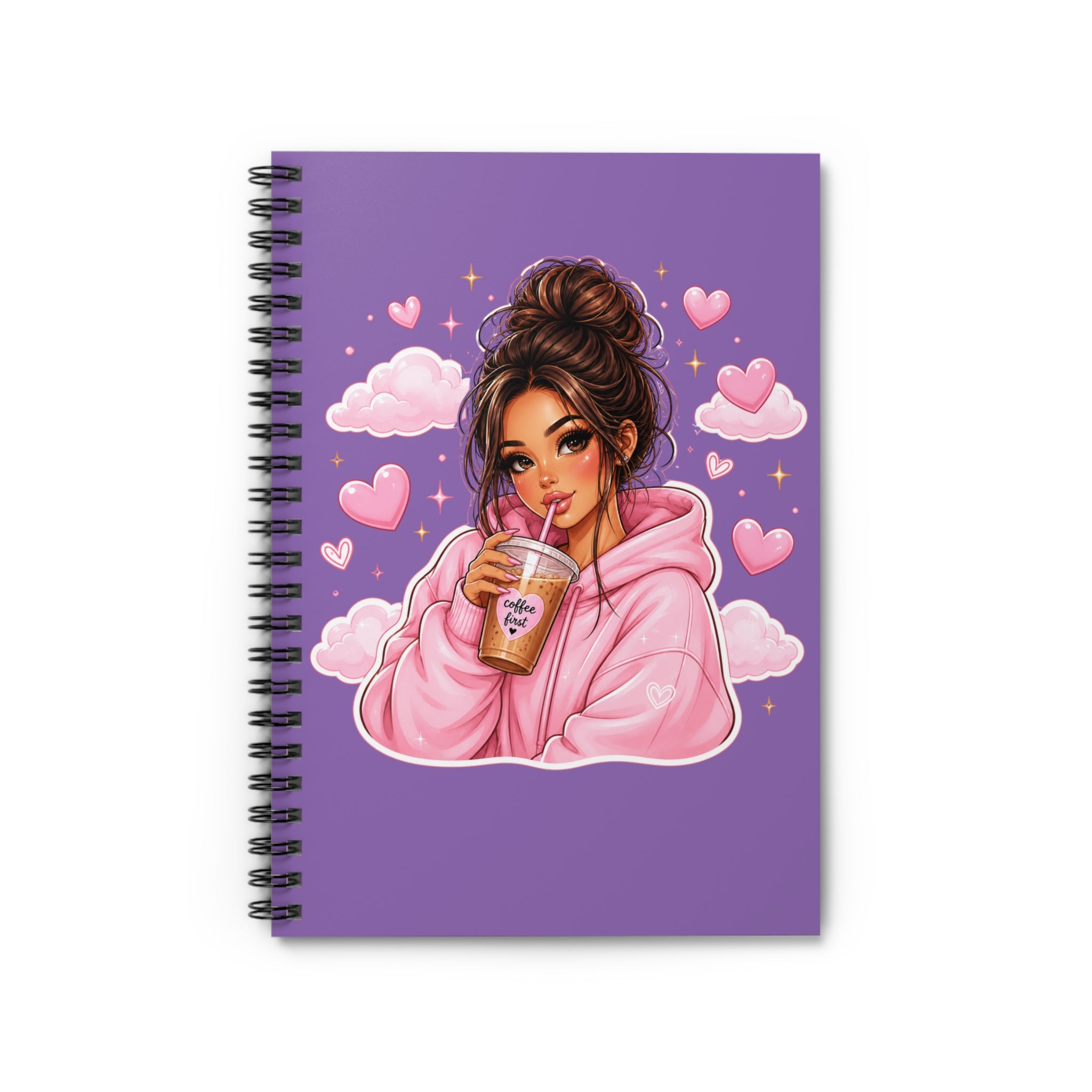 Cute Girl Drinking Boba Spiral Notebook — Pink Hoodie Illustration, Ruled Journal