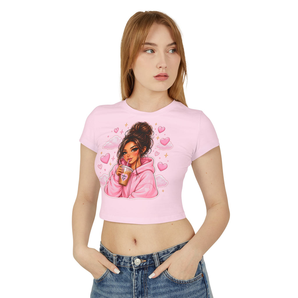 Baby Tee — Cute Girl Drinking Coffee Illustration, Pink Hearts Cozy Aesthetic Top