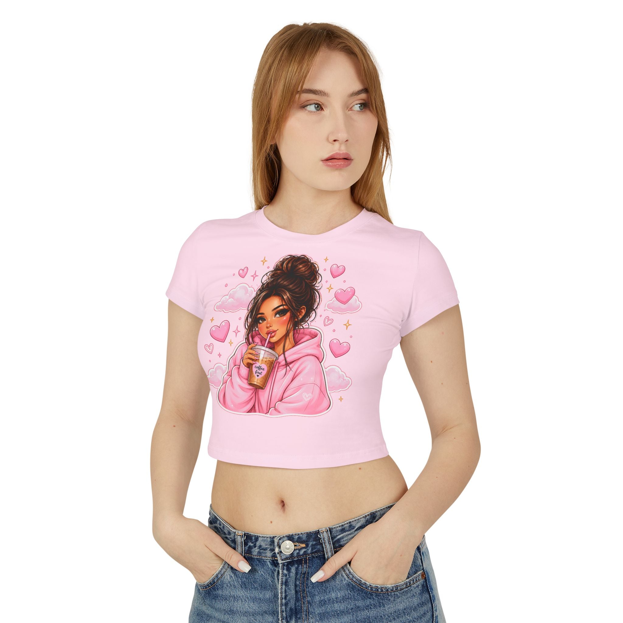Baby Tee — Cute Girl Drinking Coffee Illustration, Pink Hearts Cozy Aesthetic Top