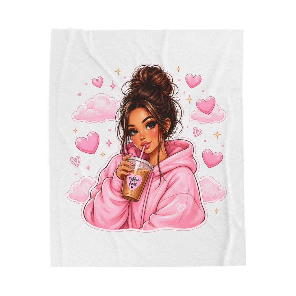 Velveteen Plush Blanket — Cozy Pink Hoodie Girl with Coffee Illustration