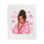 Velveteen Plush Blanket — Cozy Pink Hoodie Girl with Coffee Illustration