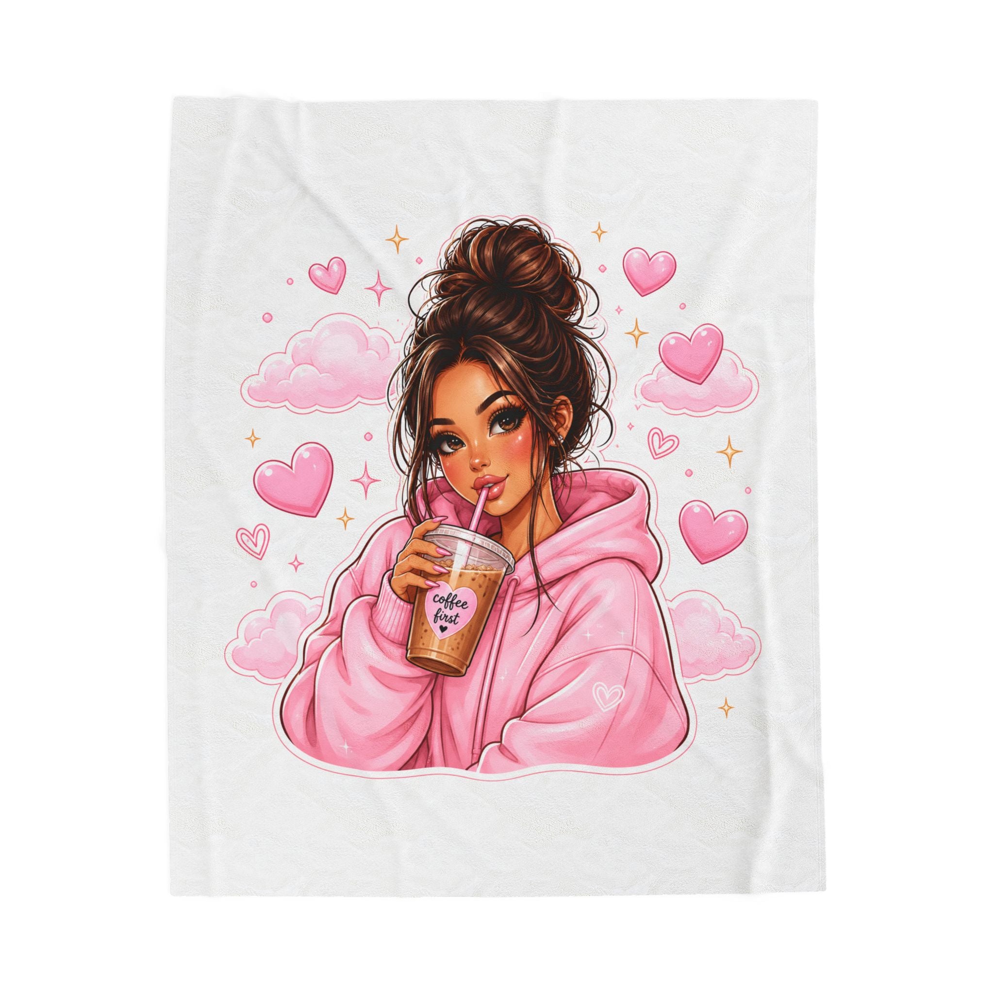 Velveteen Plush Blanket — Cozy Pink Hoodie Girl with Coffee Illustration