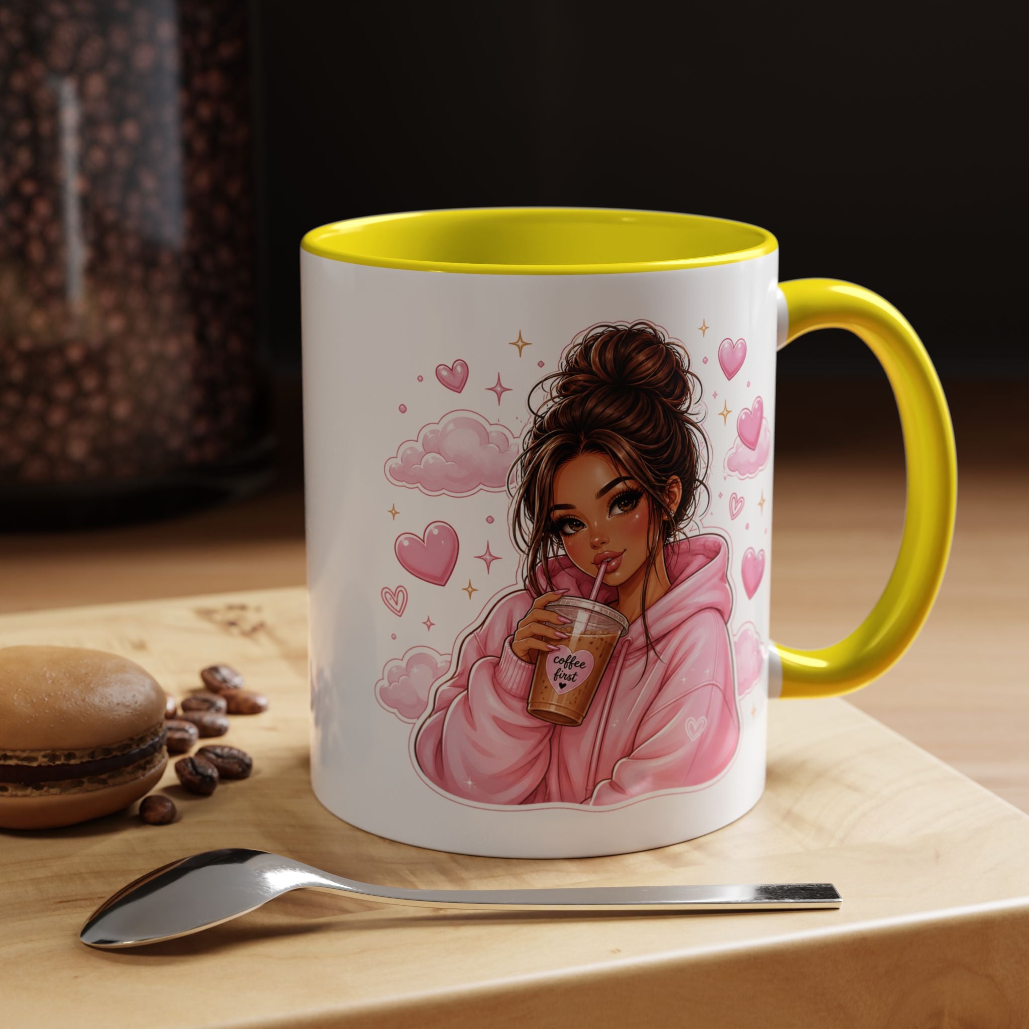 Cute Girl Pink Hoodie Coffee Mug — Iced Coffee Aesthetic Accent Mug (11/15oz)