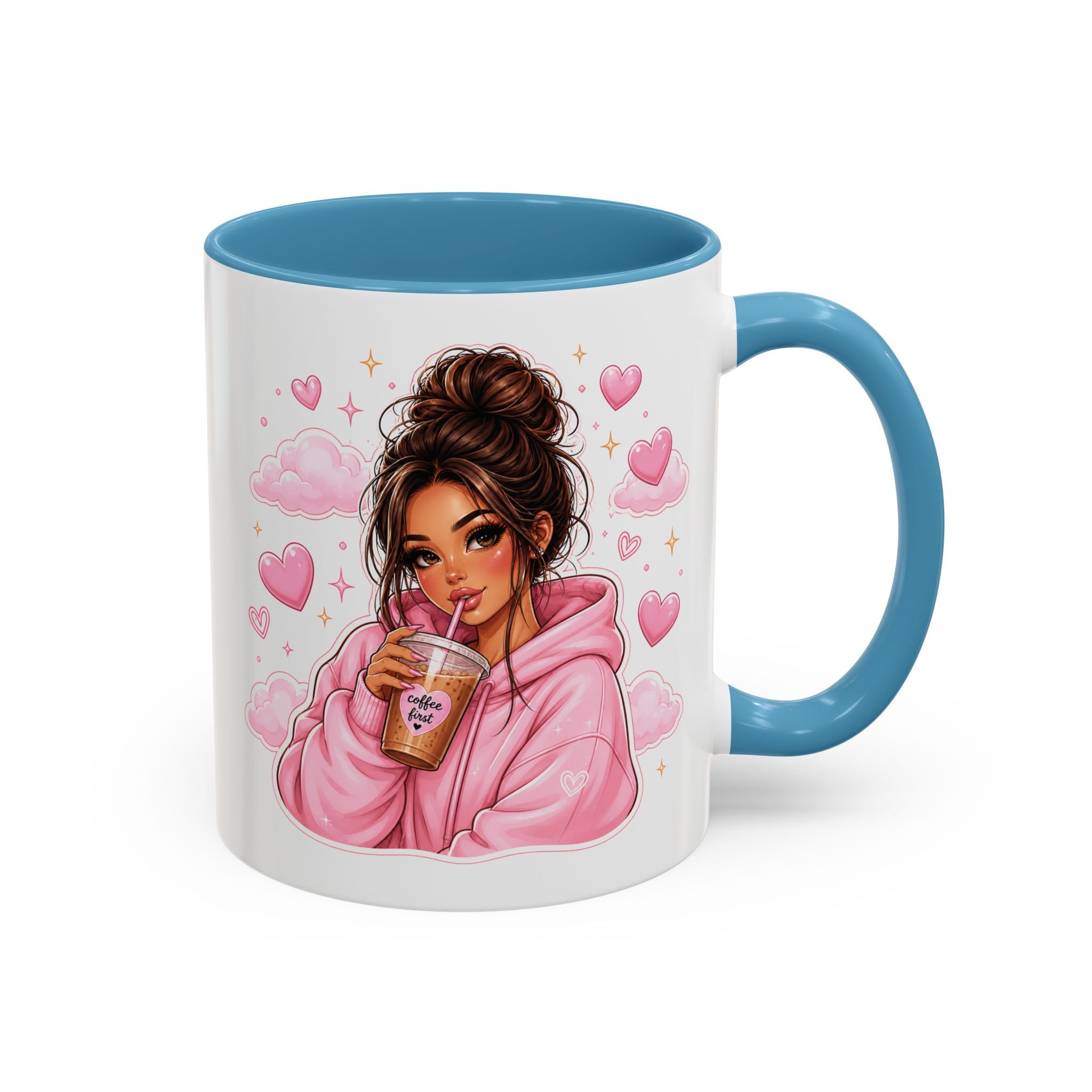 Cute Girl Pink Hoodie Coffee Mug — Iced Coffee Aesthetic Accent Mug (11/15oz)