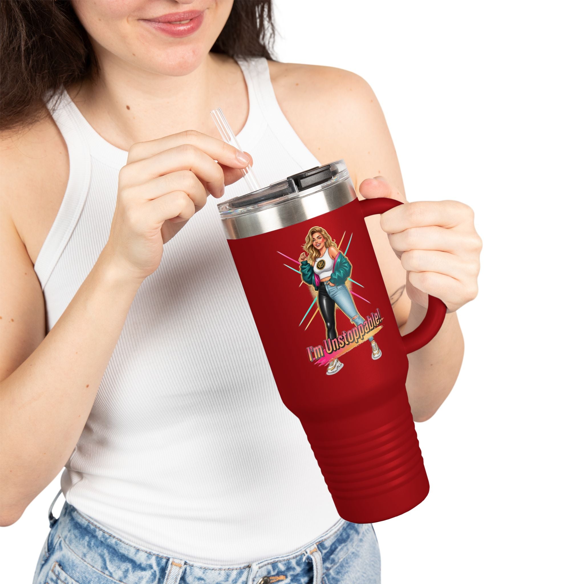 40oz Insulated Travel Mug — “I’m Unstoppable” Retro Fitness Graphic