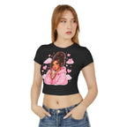 Baby Tee — Cute Girl Drinking Coffee Illustration, Pink Hearts Cozy Aesthetic Top