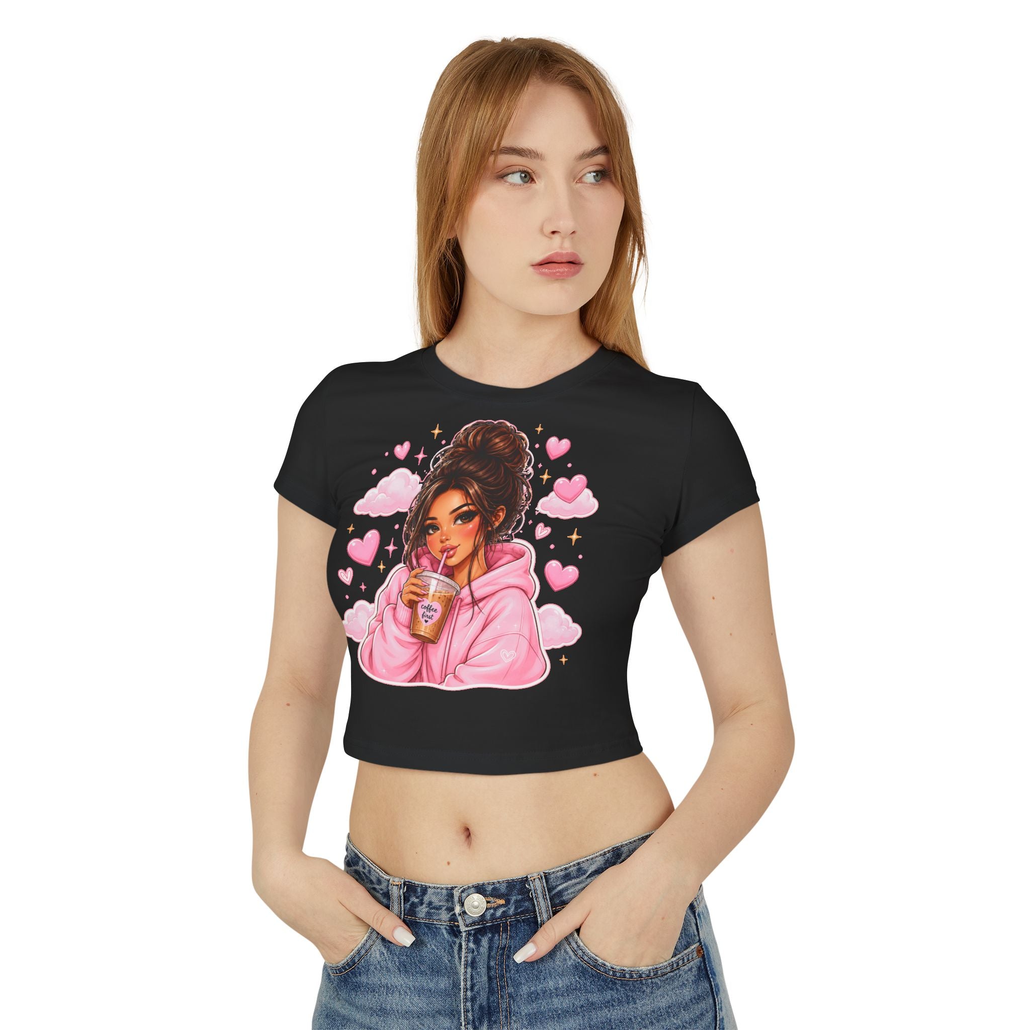 Baby Tee — Cute Girl Drinking Coffee Illustration, Pink Hearts Cozy Aesthetic Top