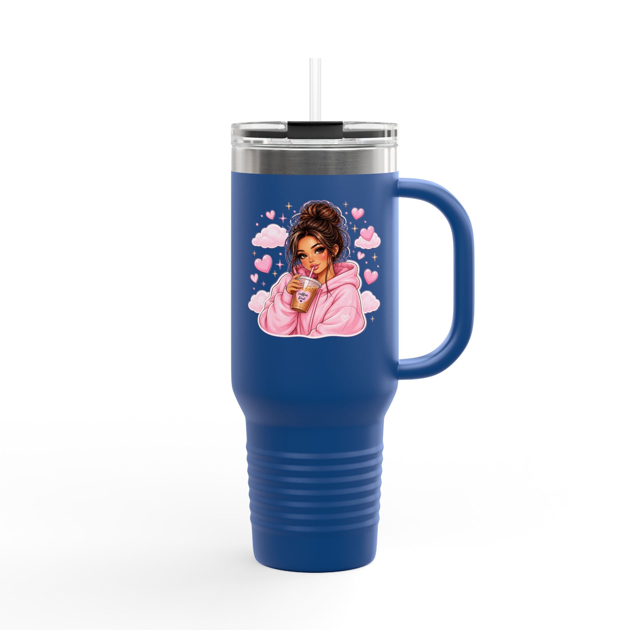 40oz Insulated Travel Mug — Cozy Girl Pink Hoodie Design