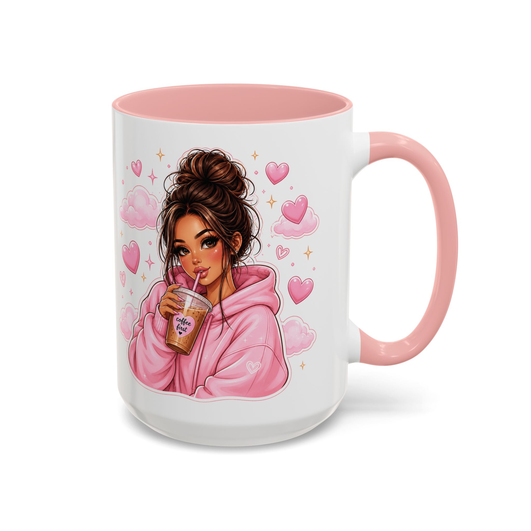 Cute Girl Pink Hoodie Coffee Mug — Iced Coffee Aesthetic Accent Mug (11/15oz)
