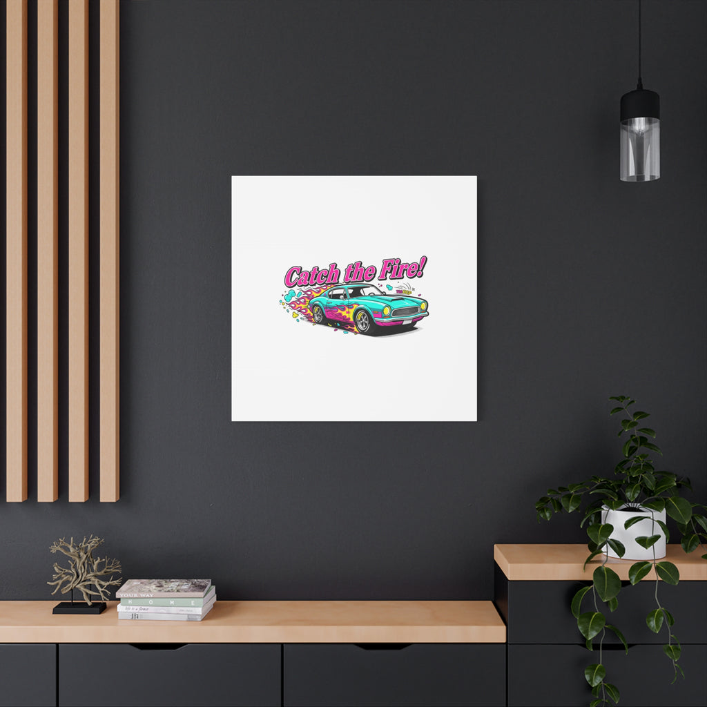 Catch the Fire Retro Car Canvas | Cartoon Racing Flame, Vintage Car Illustration