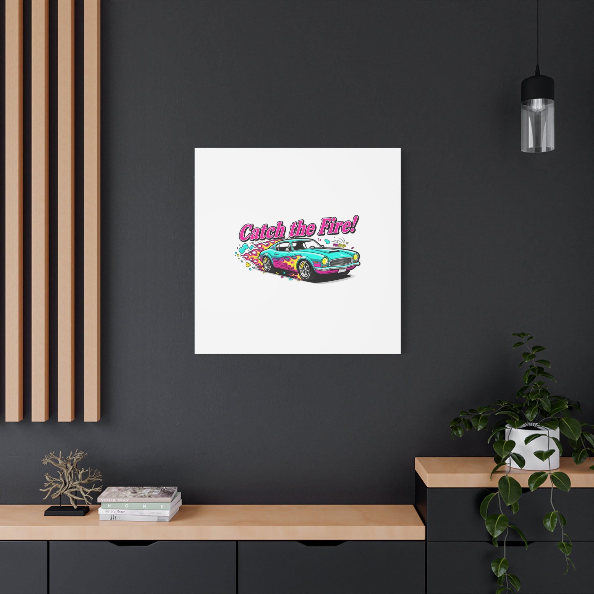 Catch the Fire Retro Car Canvas | Cartoon Racing Flame, Vintage Car Illustration
