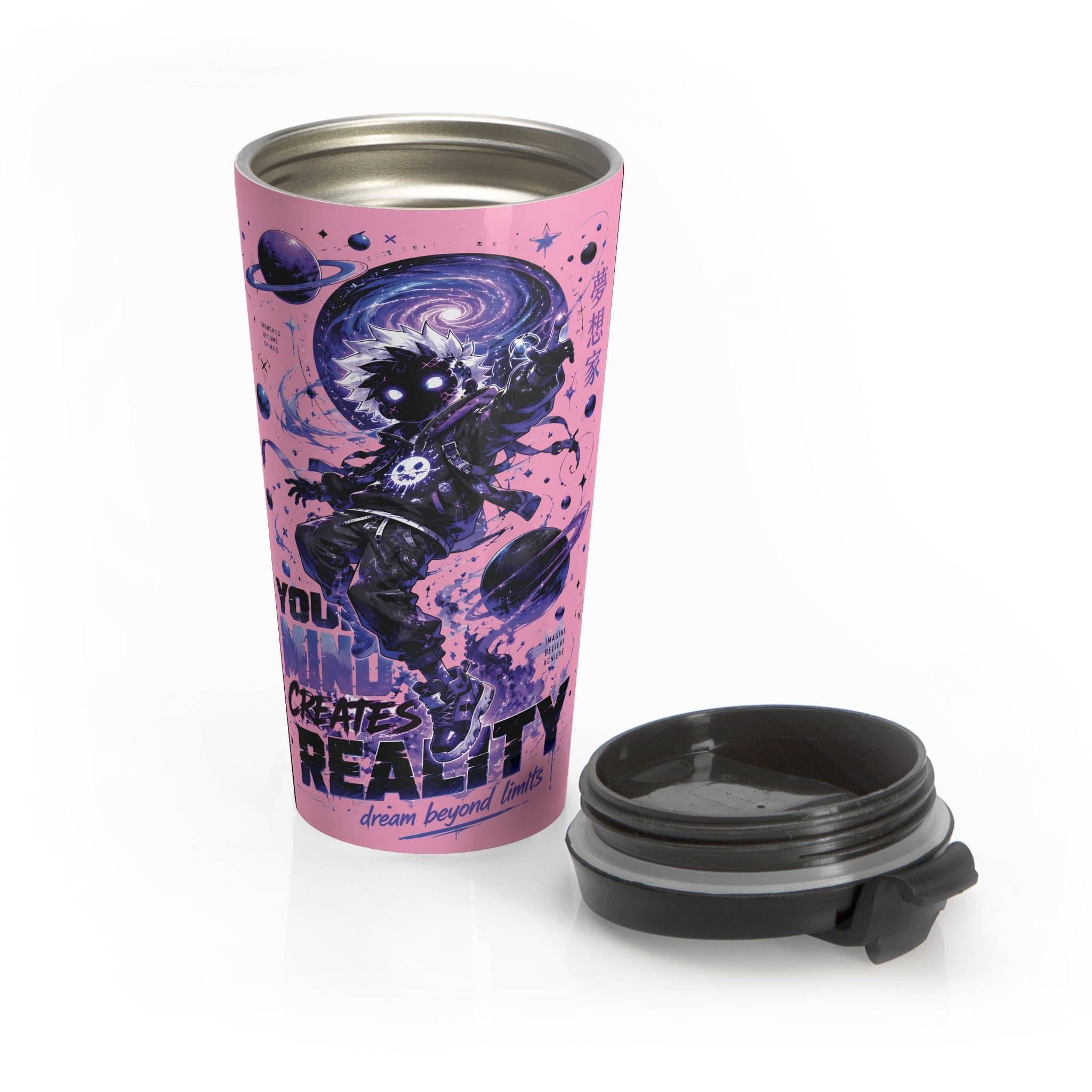 Galaxy Astronaut Travel Mug — "You Create Reality" Pink Stainless Steel Tumbler (Carnation Pink)