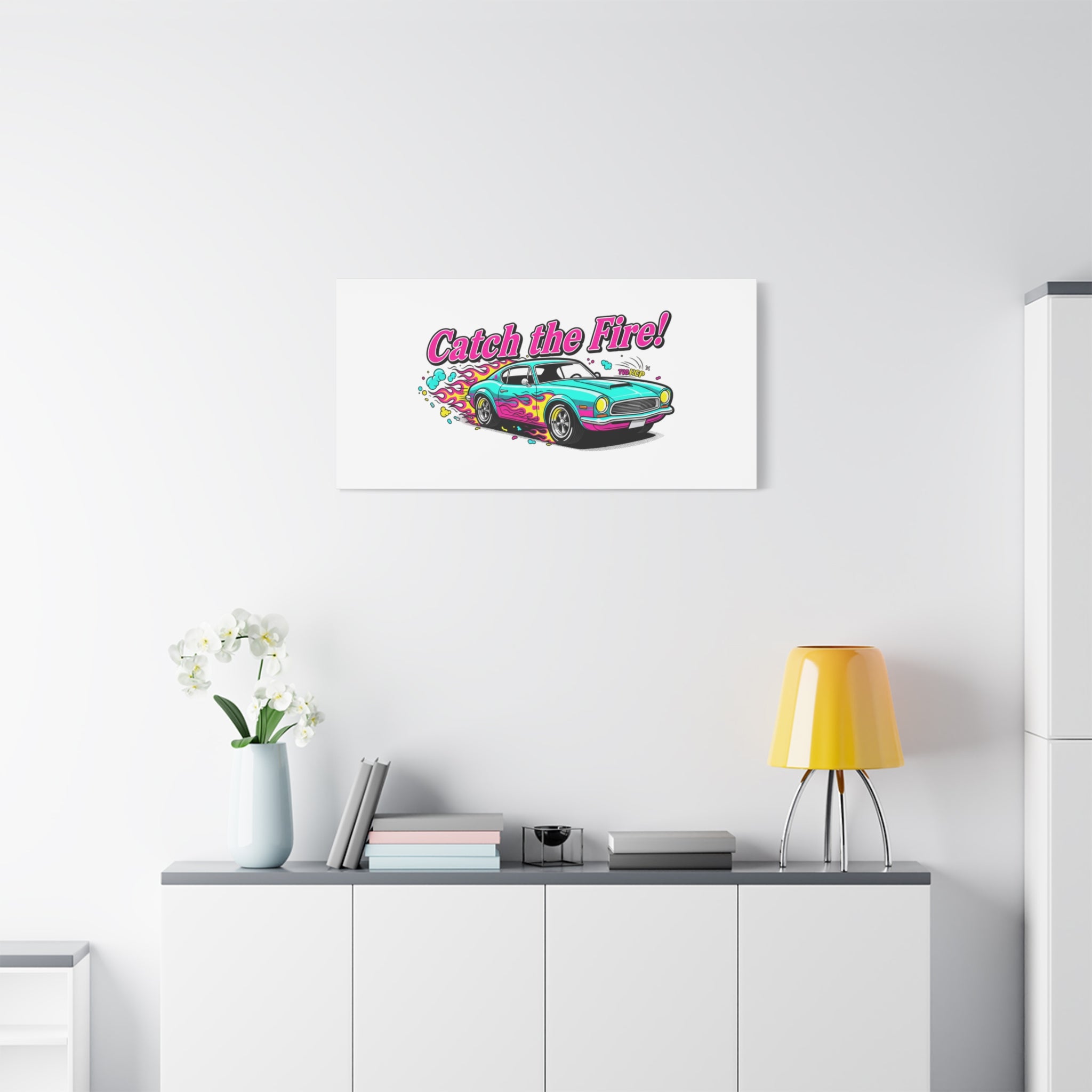 Catch the Fire Retro Car Canvas | Cartoon Racing Flame, Vintage Car Illustration