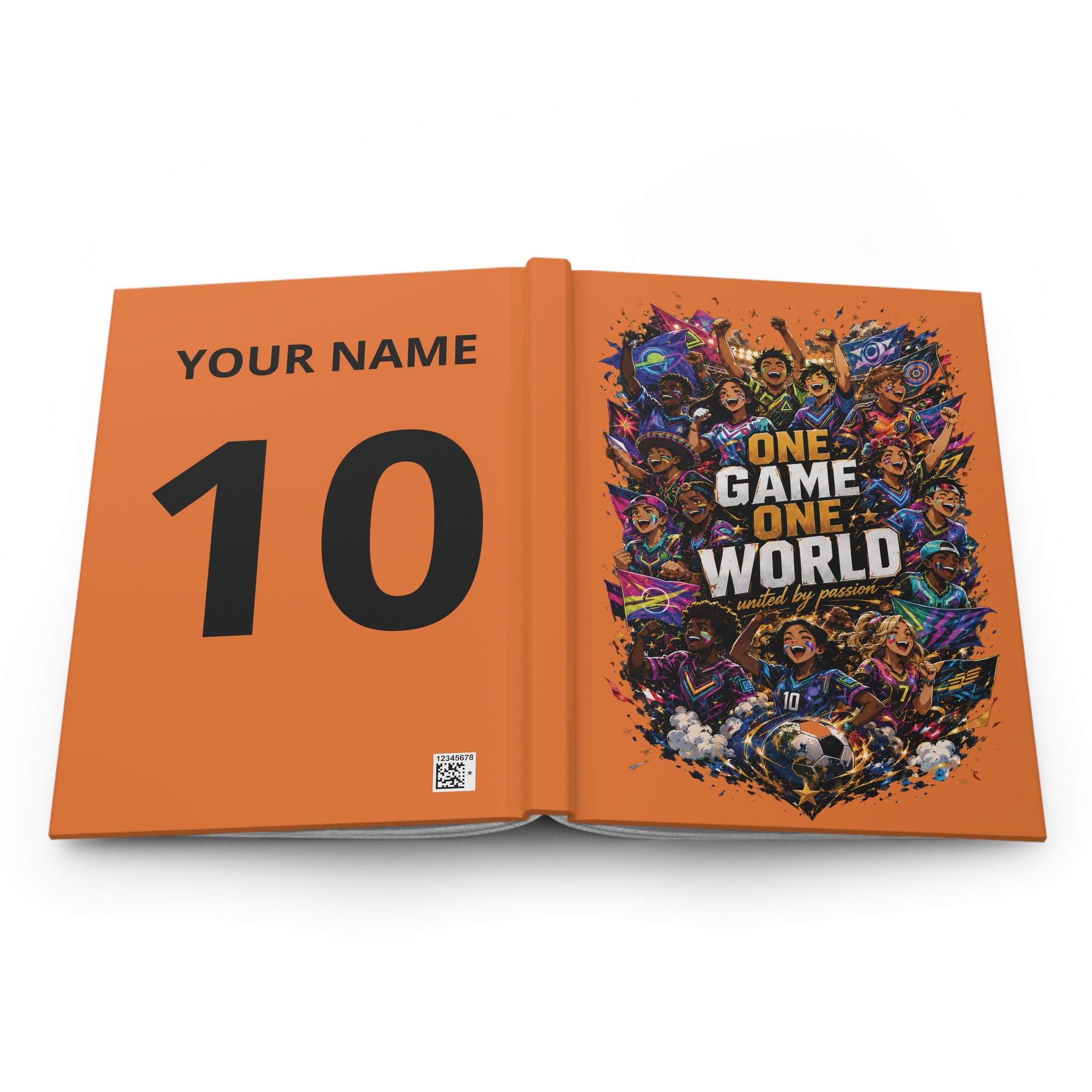 Soccer Journal — "One Game One World" Hardcover Notebook (Custom Name & Number)