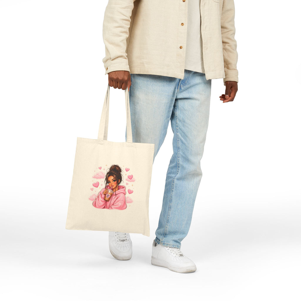 Cute Girl with Coffee Canvas Tote Bag - Pink Hoodie Illustration