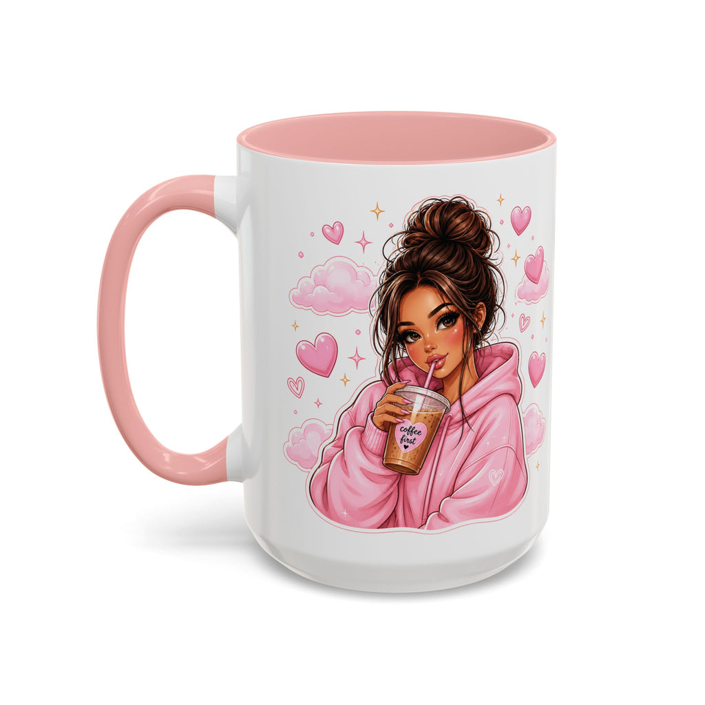 Cute Girl Pink Hoodie Coffee Mug — Iced Coffee Aesthetic Accent Mug (11/15oz)