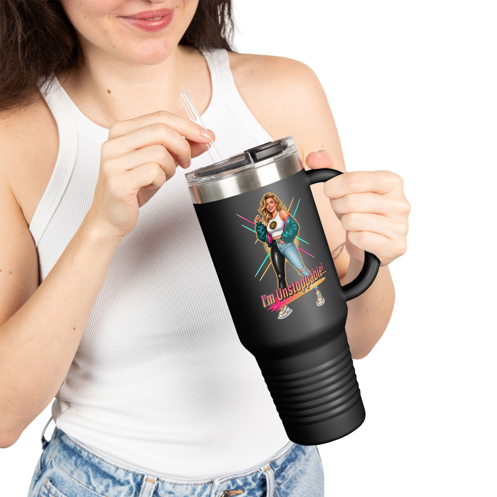 40oz Insulated Travel Mug — “I’m Unstoppable” Retro Fitness Graphic