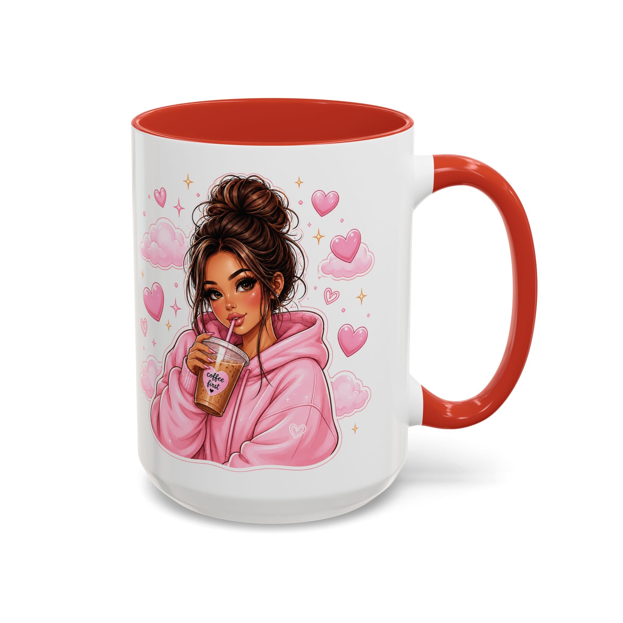 Cute Girl Pink Hoodie Coffee Mug — Iced Coffee Aesthetic Accent Mug (11/15oz)