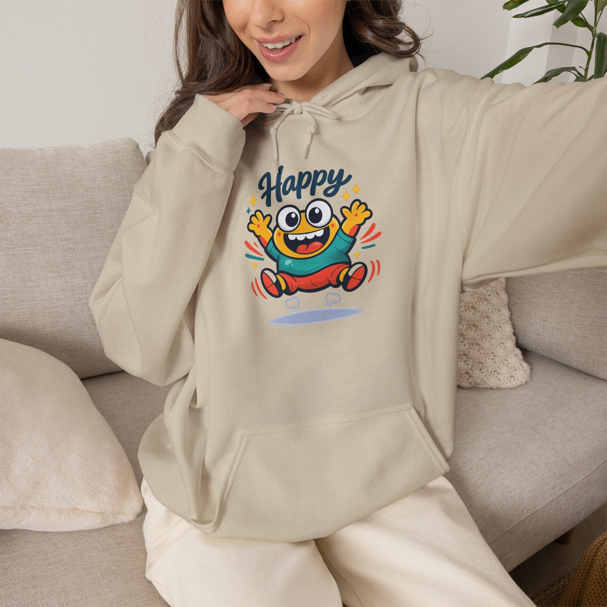 Happy Blob Cartoon Hoodie | kawaii minimal, thick outline mood face