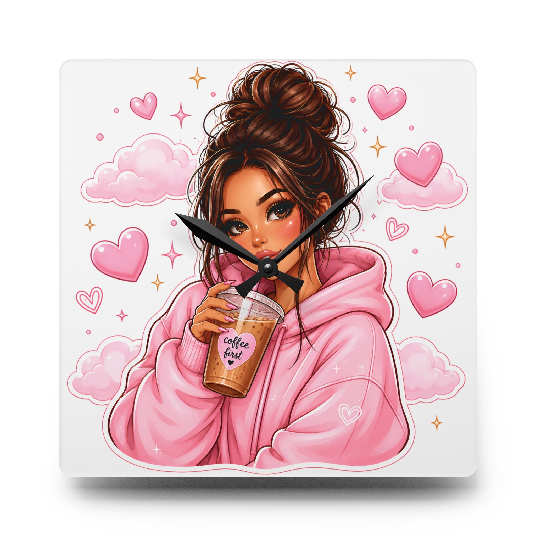 Cozy Pink Hoodie Girl Acrylic Wall Clock