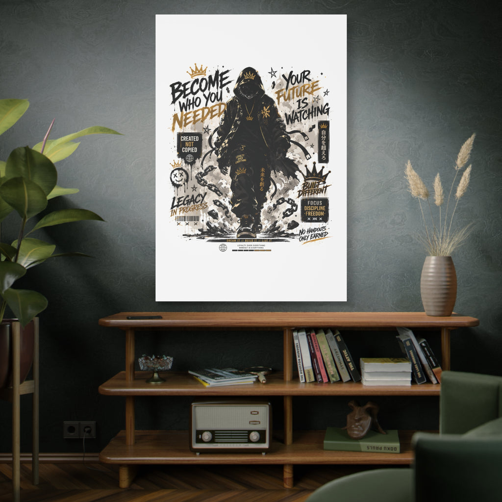 Motivational Street Art Canvas — "Become Who You Needed" Stretched Matte Print
