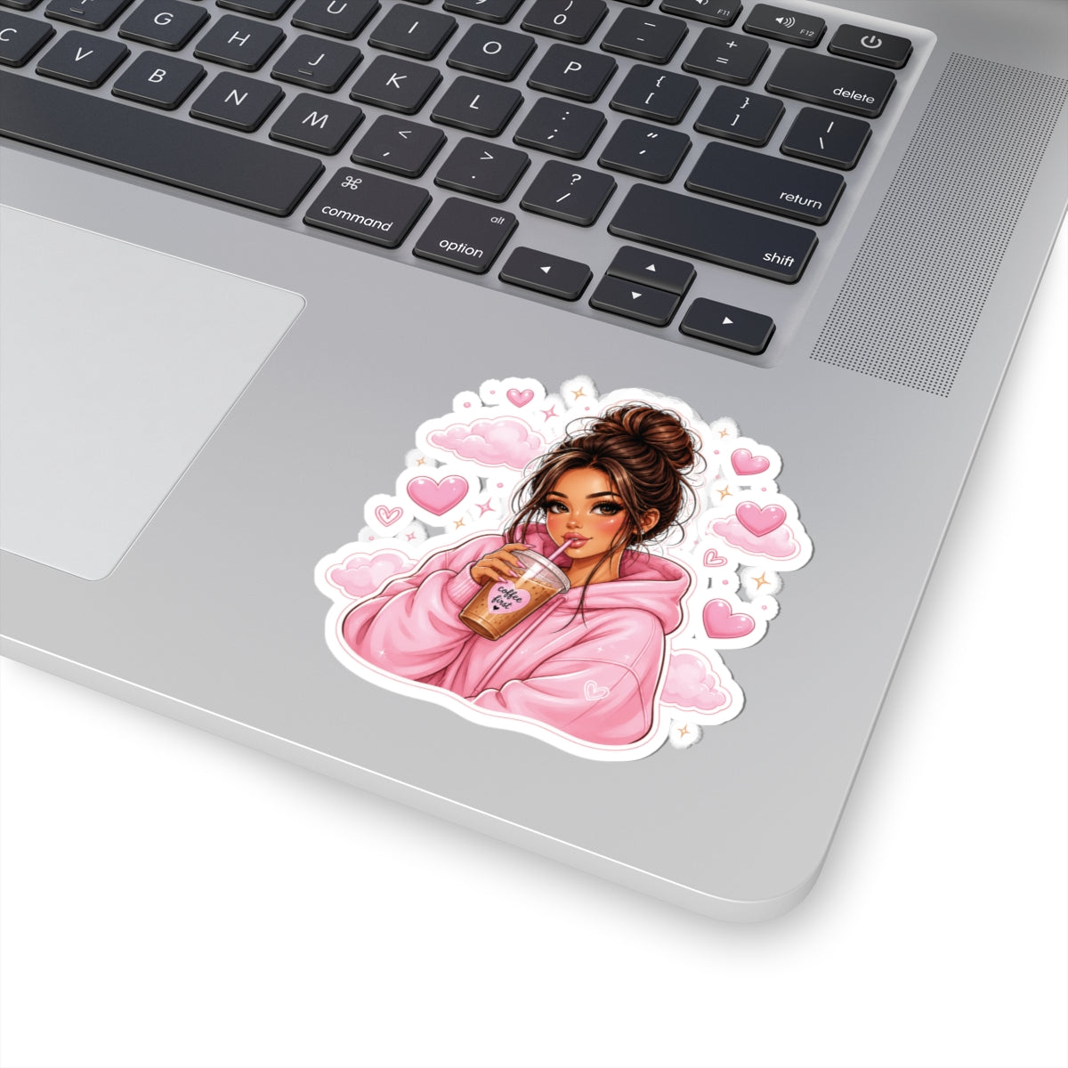 Cute Girl Sipping Coffee Sticker — Pink Hoodie Kiss-Cut Vinyl Decal