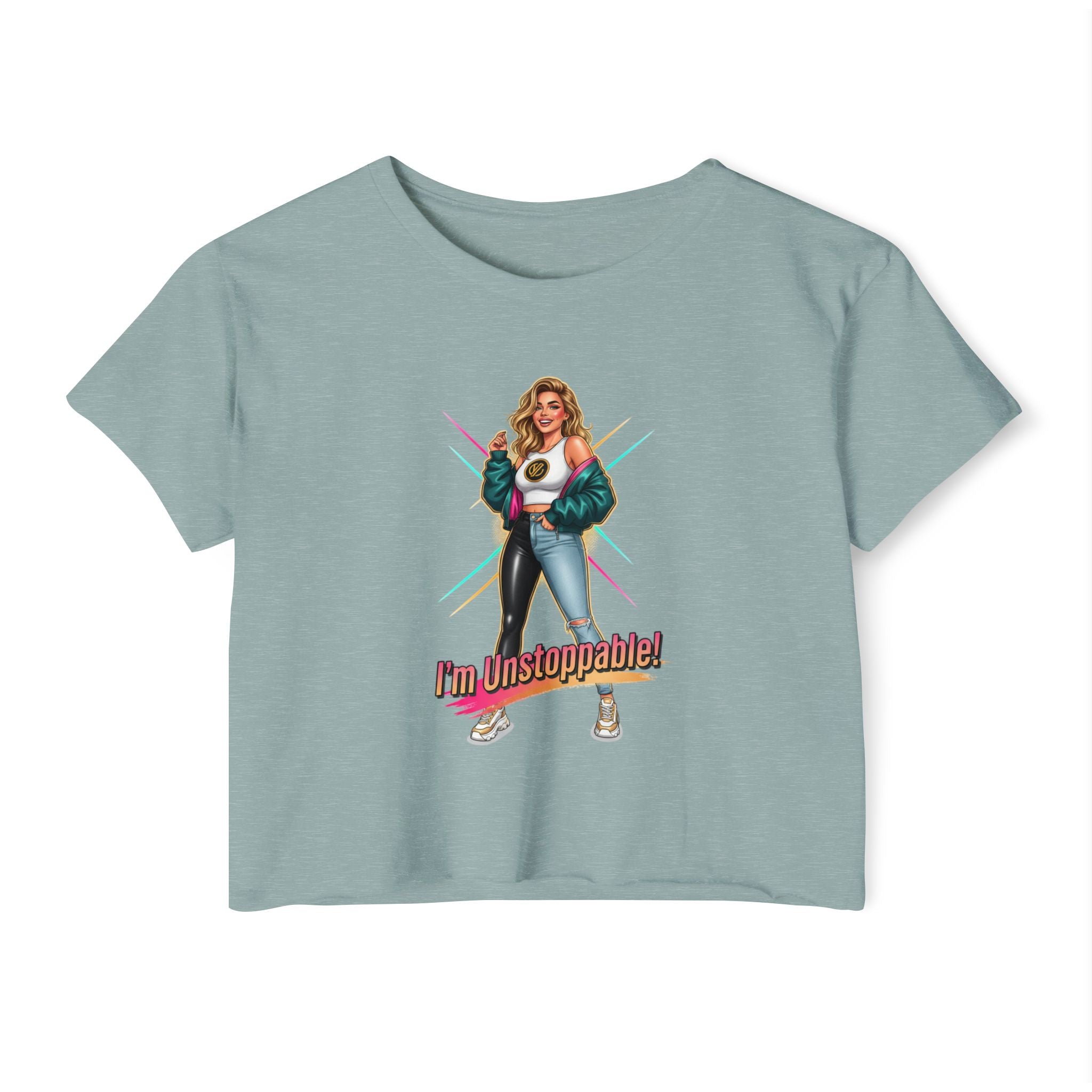Women’s Festival Crop Top — “I’m Unstoppable!” Retro 80s Empowerment Tee