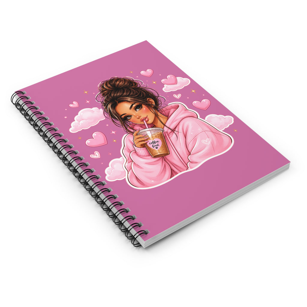 Pink Cozy Girl Spiral Notebook — Cute Coffee Aesthetic Ruled Journal