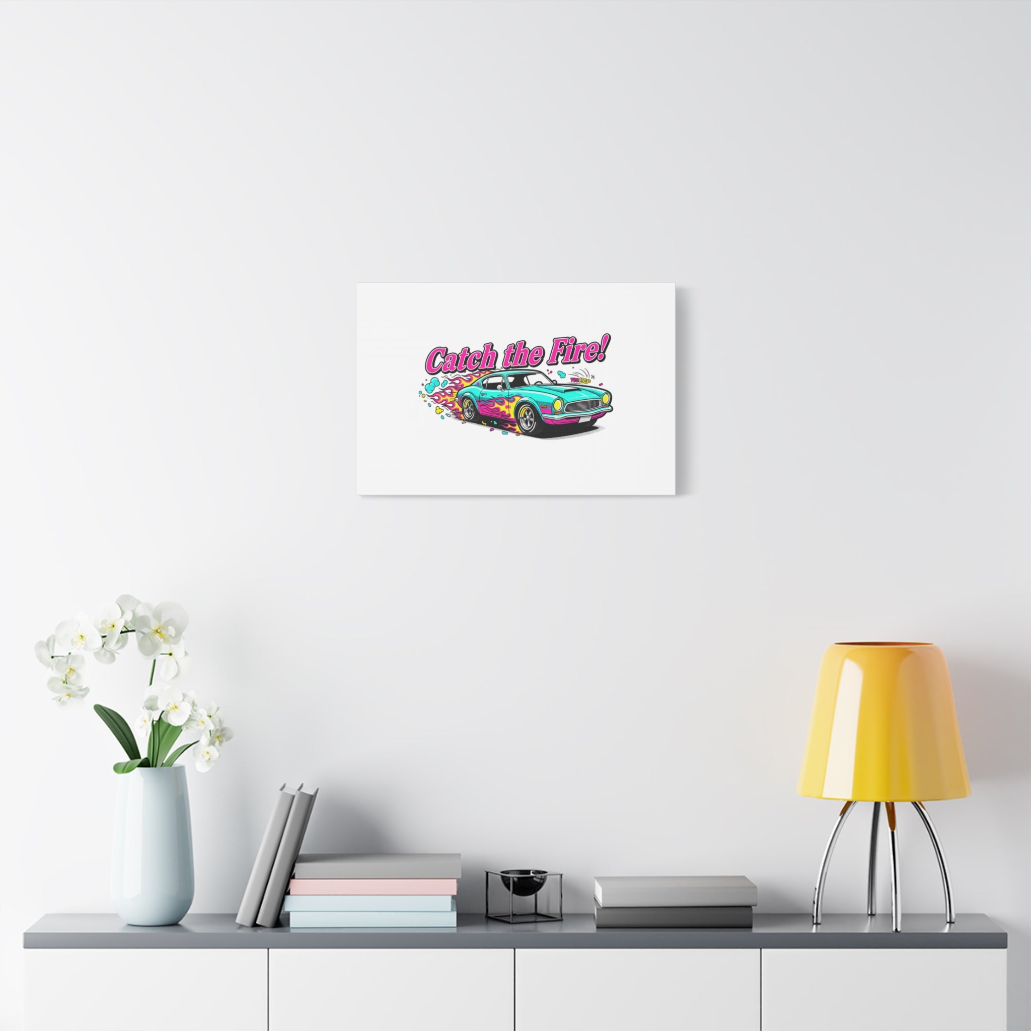 Catch the Fire Retro Car Canvas | Cartoon Racing Flame, Vintage Car Illustration
