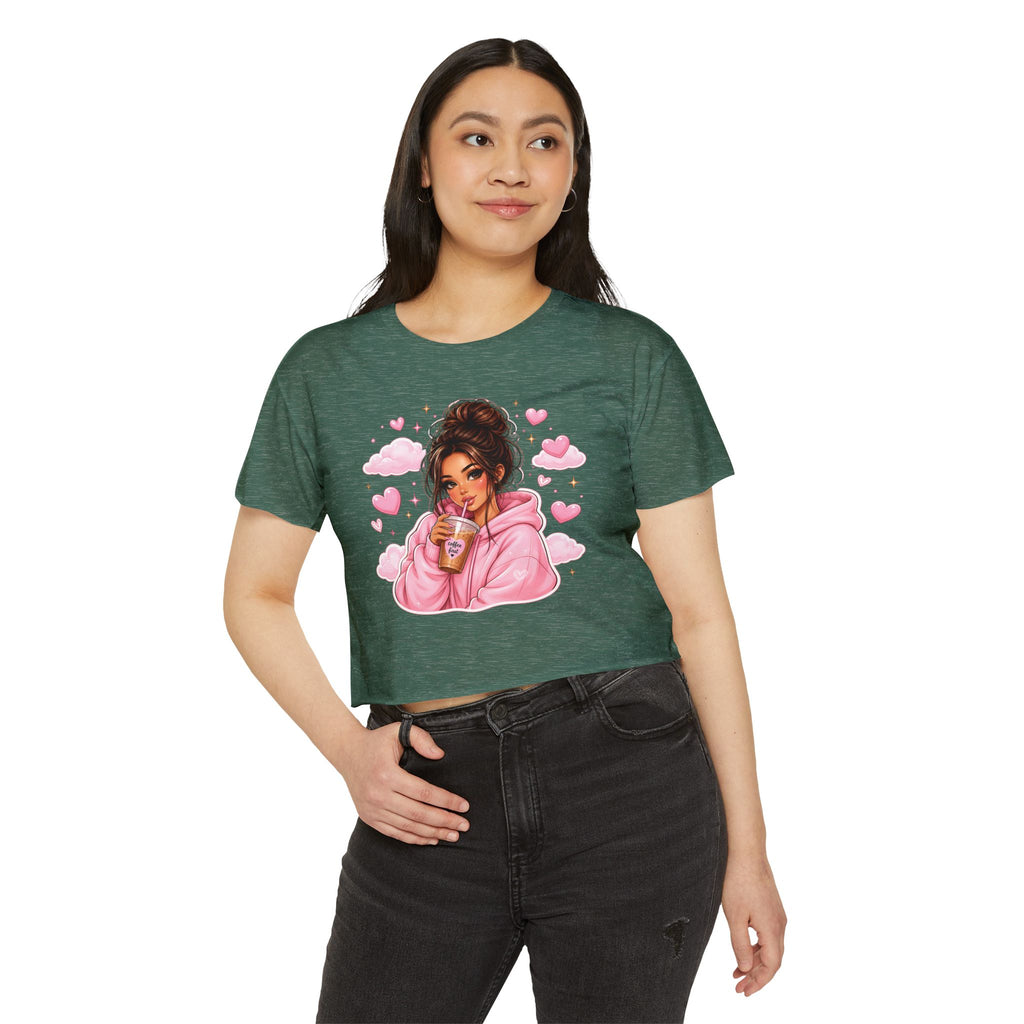 Women's Crop Top — Cute Pink Hoodie Girl Drinking Boba Illustration