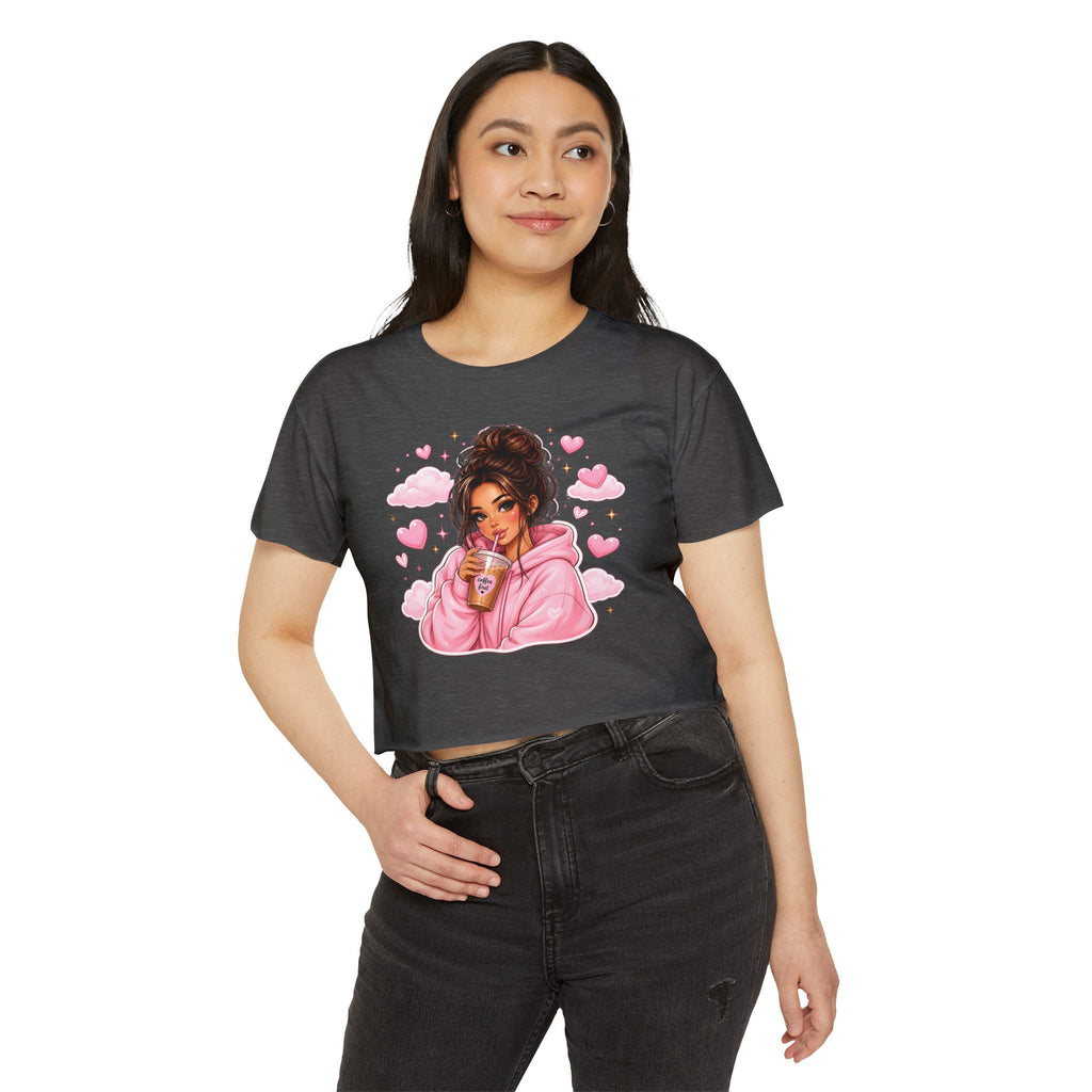 Women's Crop Top — Cute Pink Hoodie Girl Drinking Boba Illustration