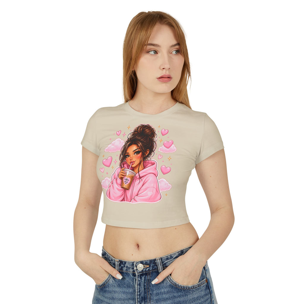 Baby Tee — Cute Girl Drinking Coffee Illustration, Pink Hearts Cozy Aesthetic Top
