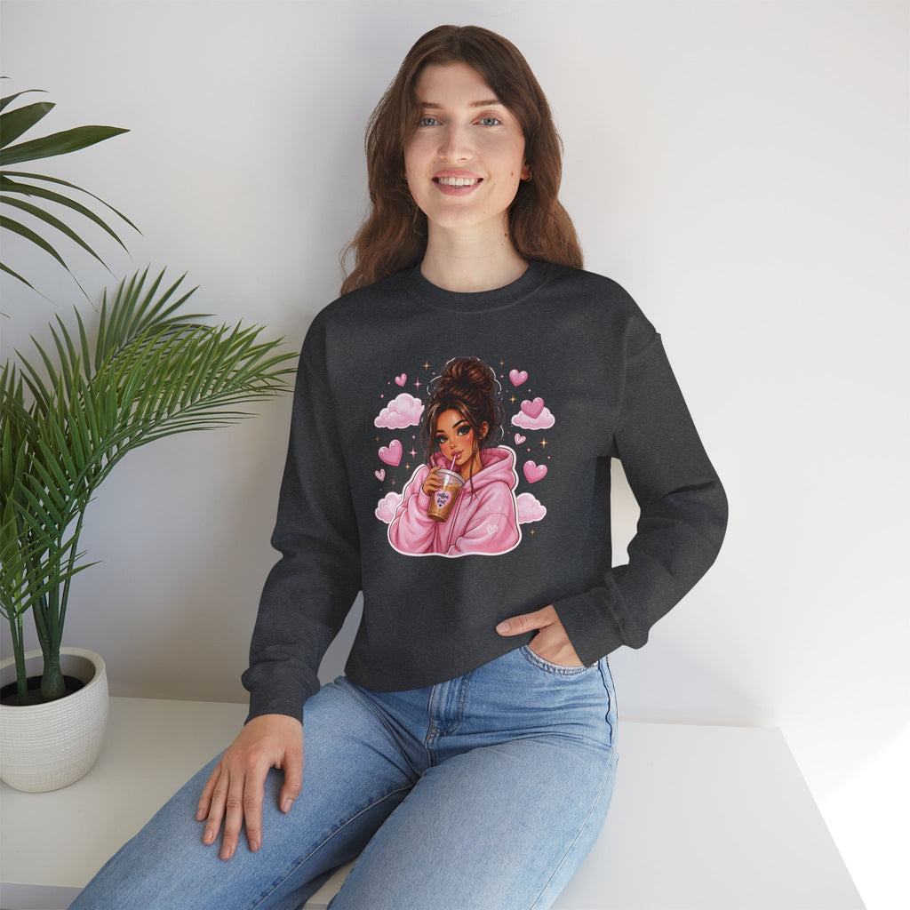 Cozy Pink Heart Girl Crewneck Sweatshirt