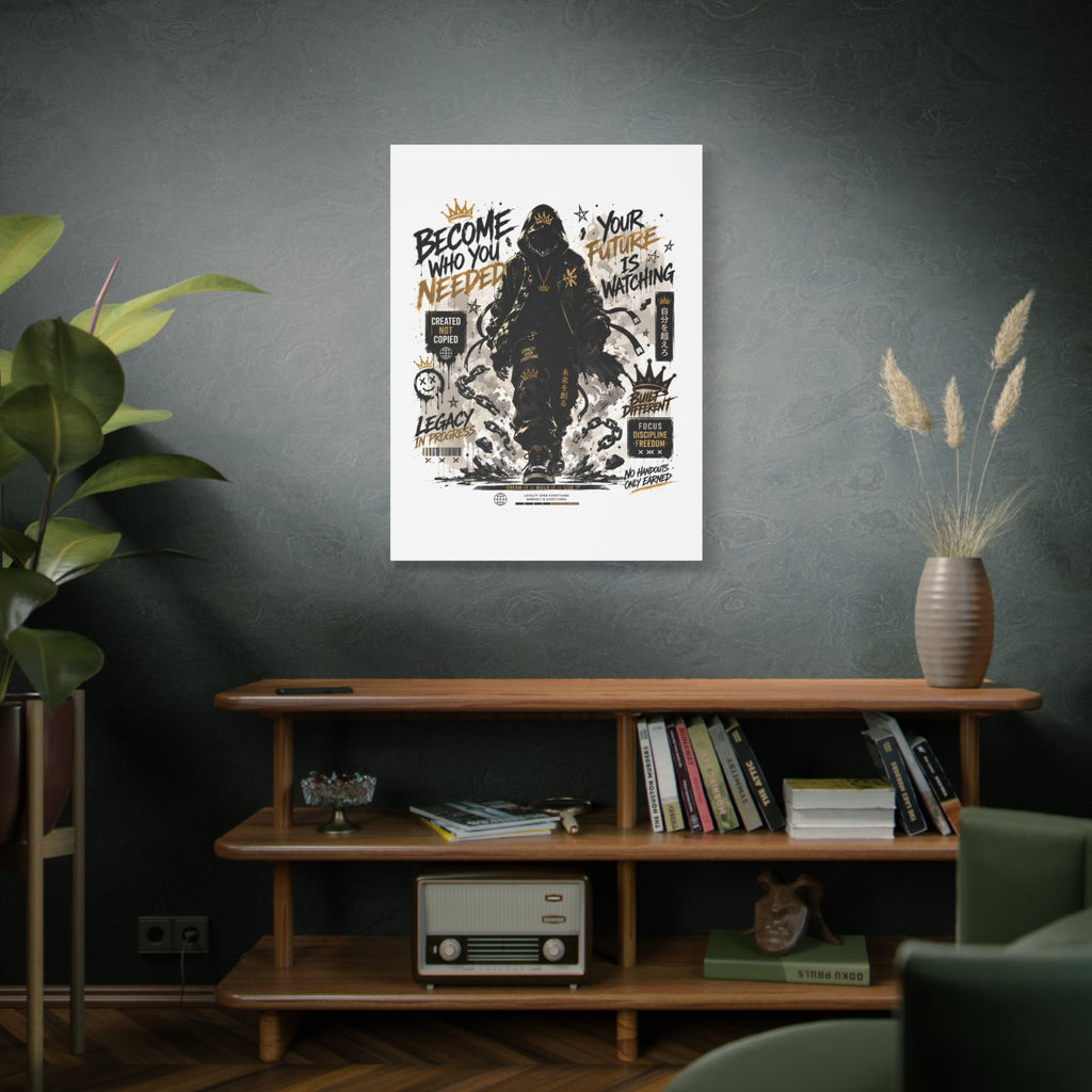 Motivational Street Art Canvas — "Become Who You Needed" Stretched Matte Print
