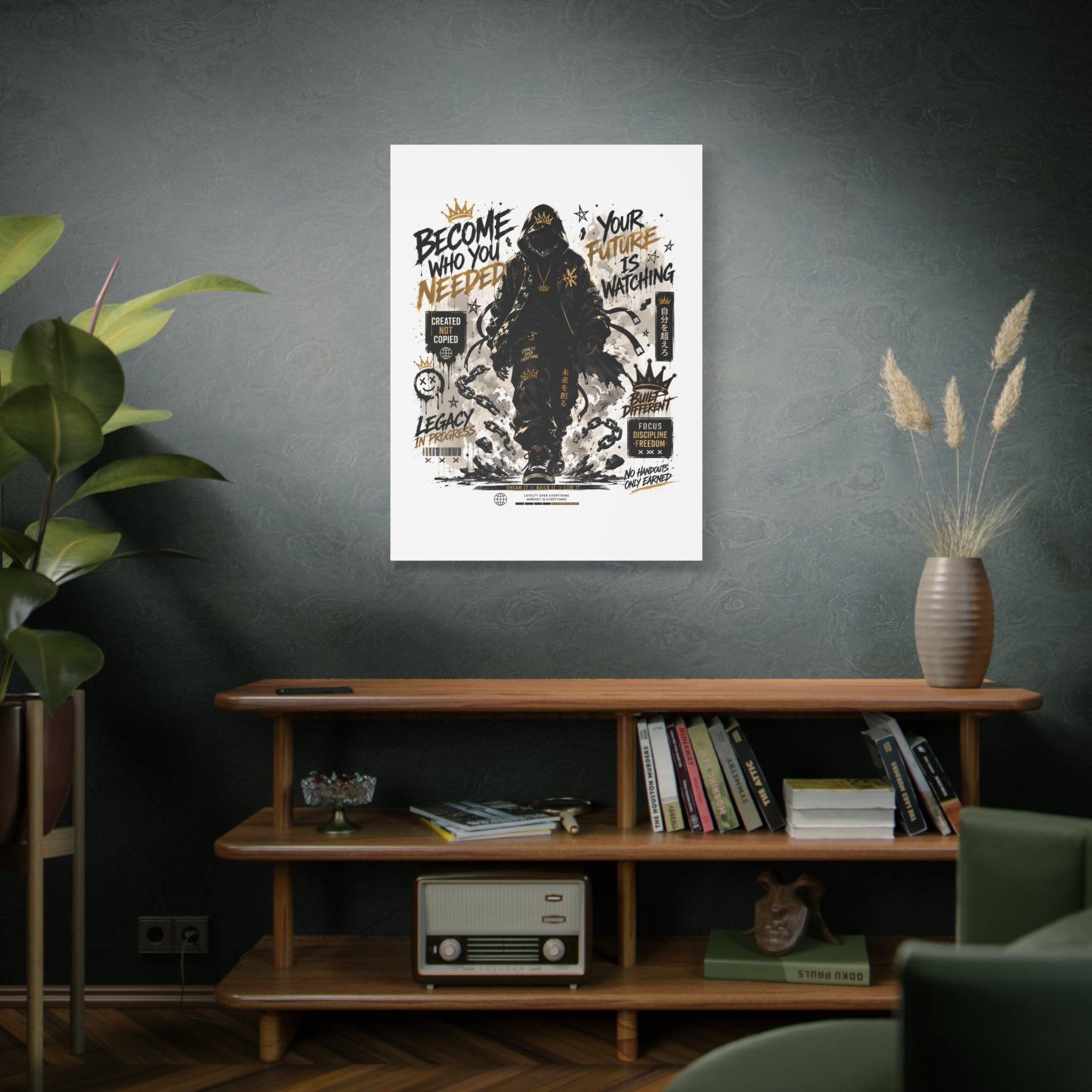 Motivational Street Art Canvas — "Become Who You Needed" Stretched Matte Print