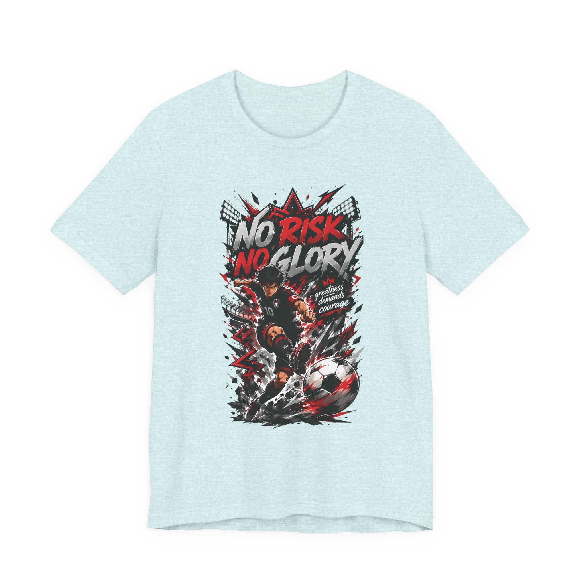 No Risk No Glory Soccer T-Shirt — Dynamic Football Player Graphic Tee
