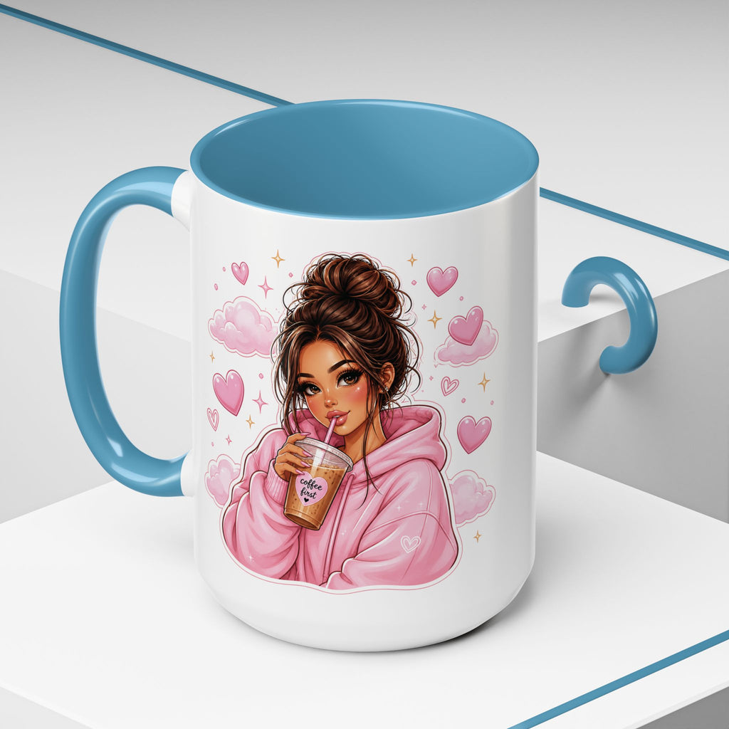 Cute Girl Pink Hoodie Coffee Mug — Iced Coffee Aesthetic Accent Mug (11/15oz)